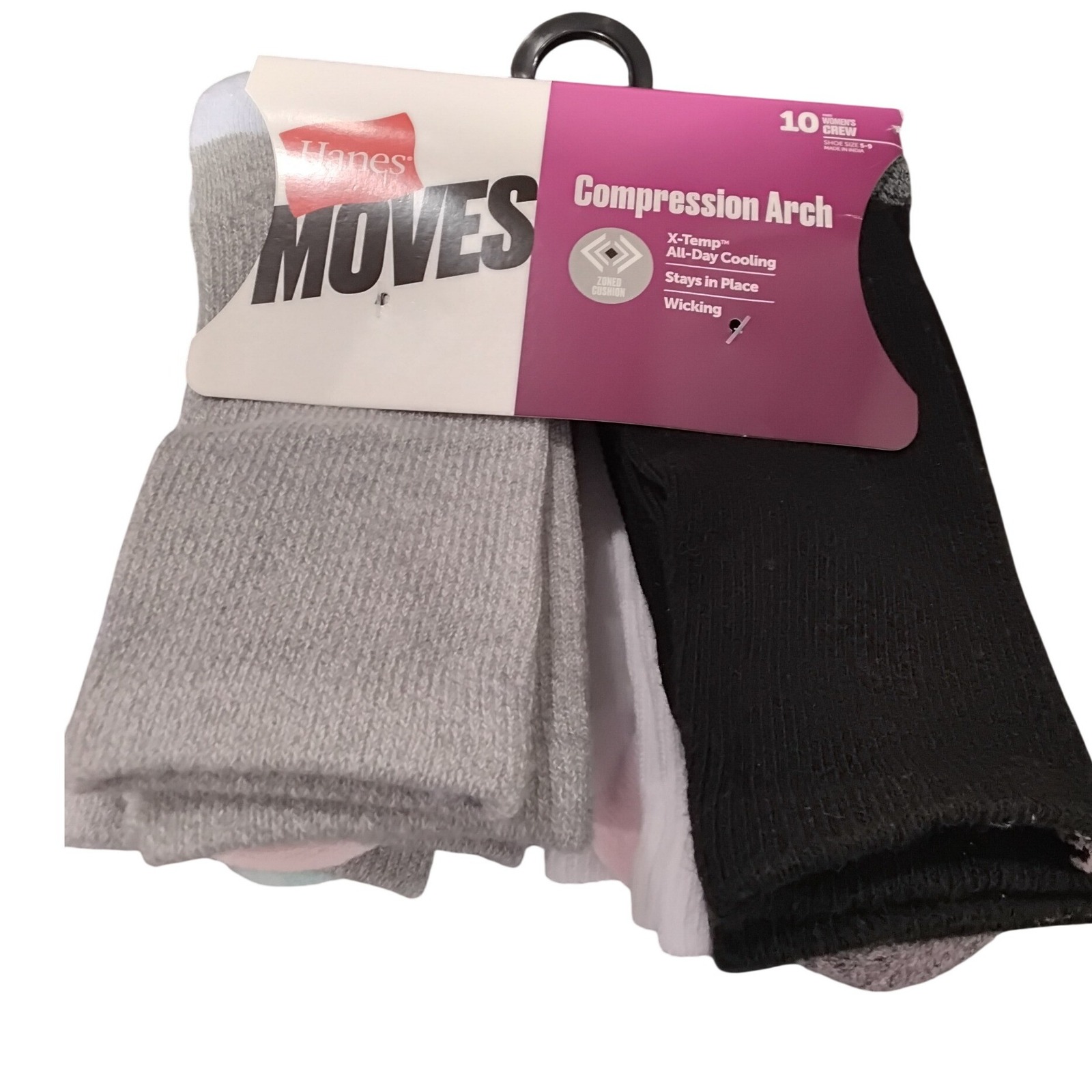 Hanes Moves Womens Crew Socks 10 Pair Pack Compression Arch X-Temp Cooling 5-9